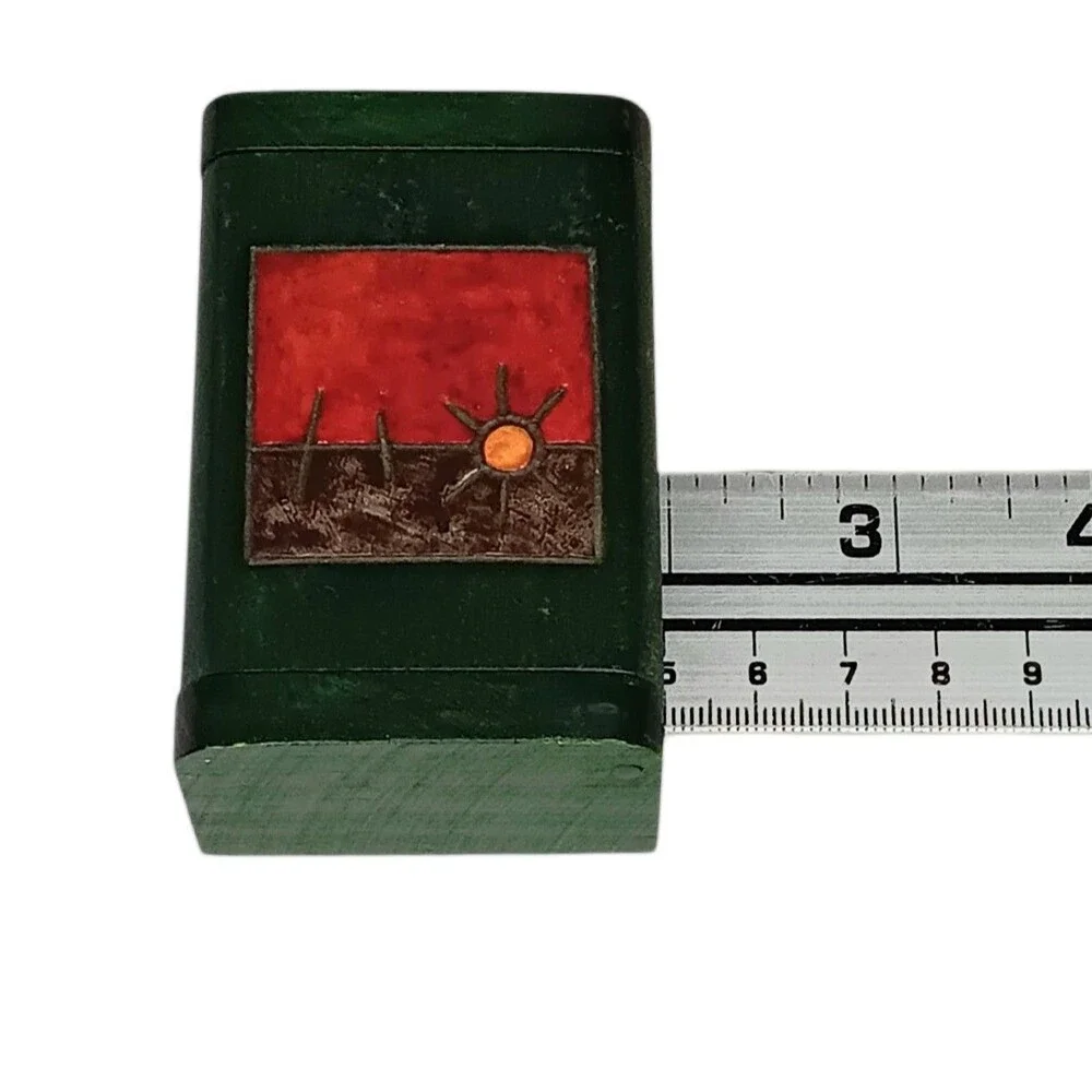Vintage Carved Wood Trinket Box Green Red Brown With Sun From Colombia 3x2x1.25
